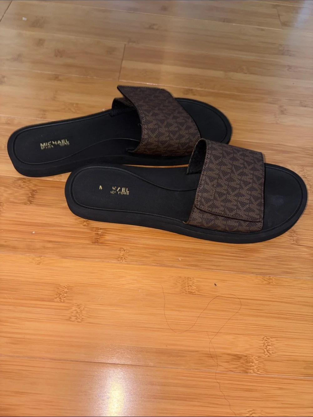 Michael Kors Women's Slide Sandals with Brown MK Monogram Strap - Picture 2 of 3